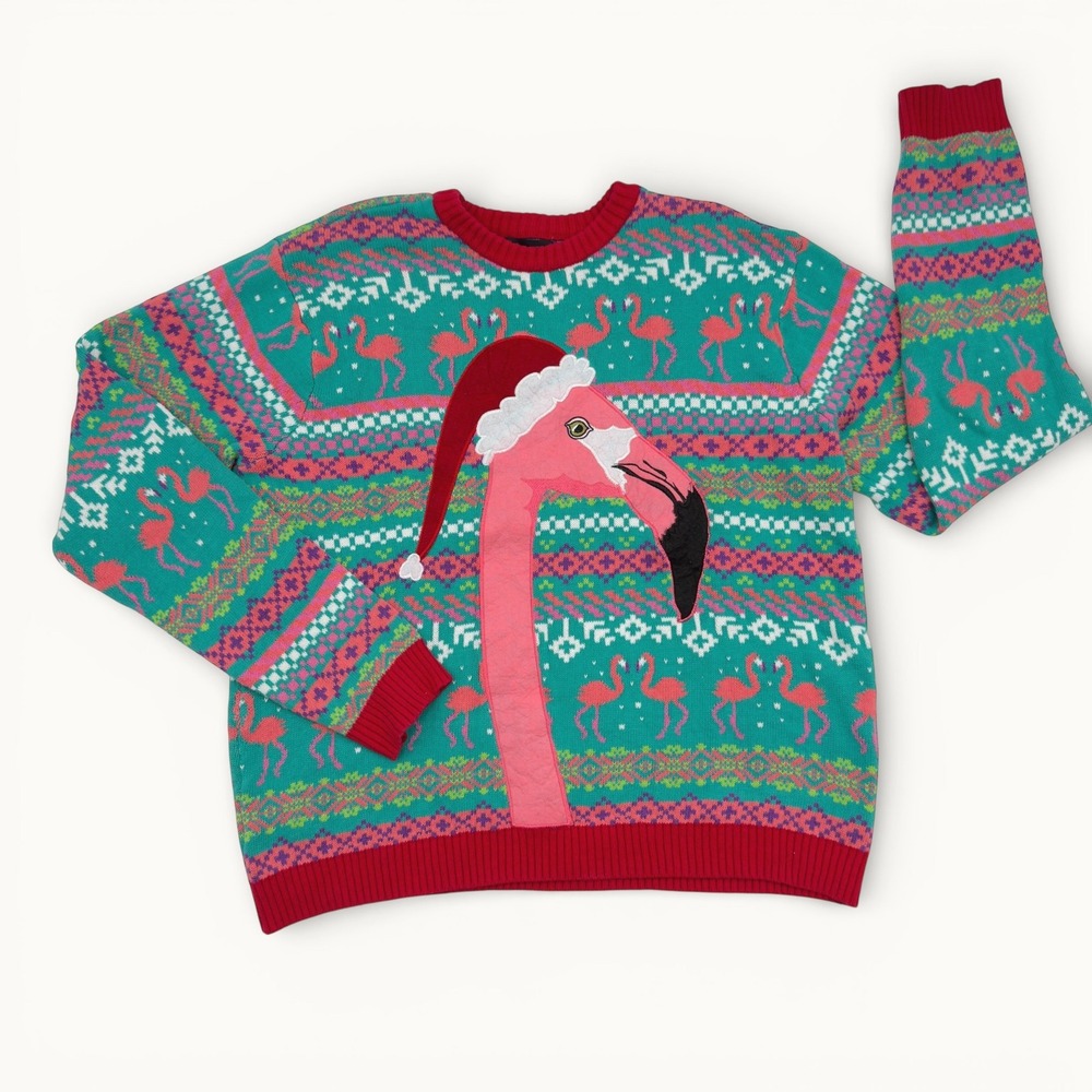 Blizzard Bay XL Flamingo Santa Ugly Christmas Sweater Fair Isle Chaotic Tropical